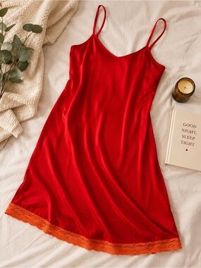 Red Lace-Trim Slip Chemise with Adjustable Straps